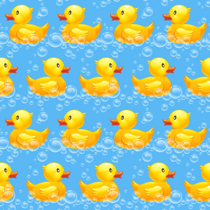 Pattern of yellow rubber ducks with orange beaks and bubbles on a blue background.