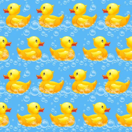 Pattern of yellow rubber ducks with orange beaks and bubbles on a blue background.