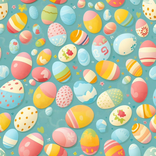 Colorful Easter eggs with various patterns scattered on a blue background.