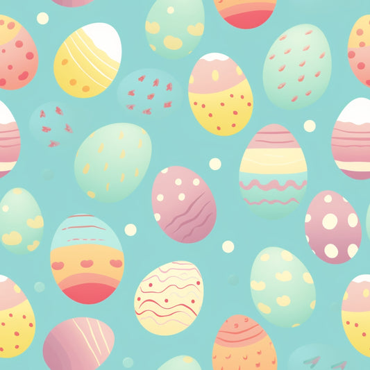 Colorful illustrated Easter eggs with various patterns on a light blue background.