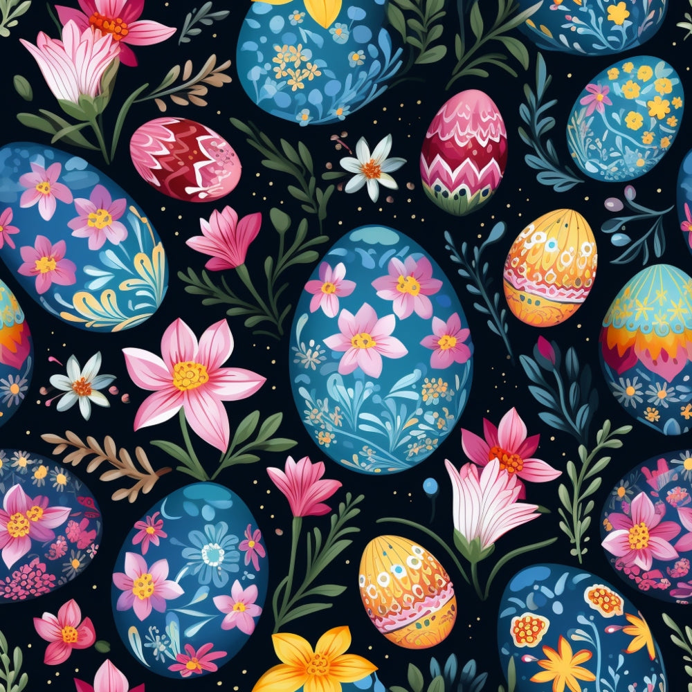 Colorful painted eggs with floral patterns surrounded by various flowers and leaves on a dark background.