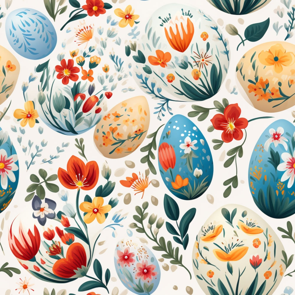 Decorative eggs with intricate floral designs and patterns in red, orange, blue, and green hues on a white background.