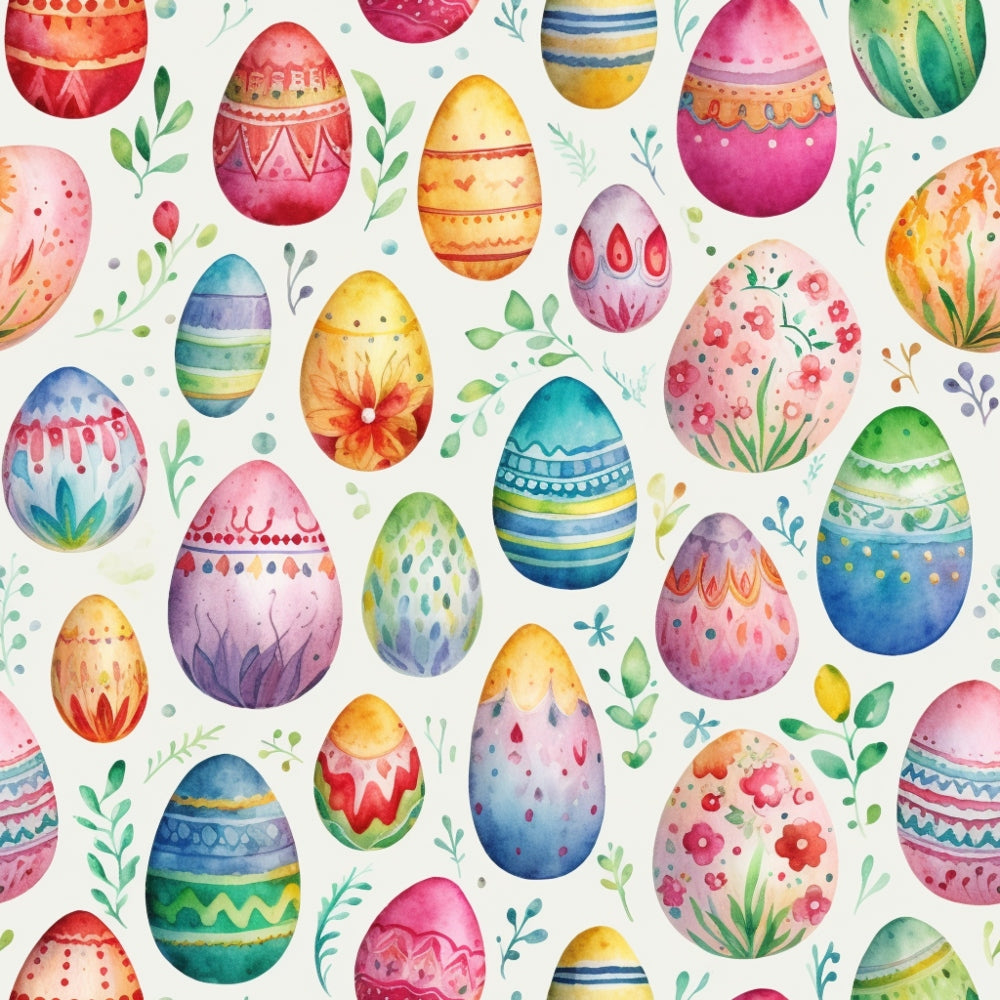 Colorful watercolor Easter eggs with various patterns surrounded by leaves and small flowers on a white background.