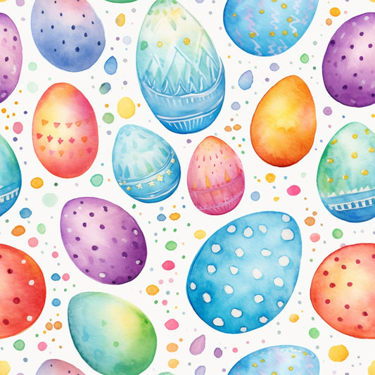 Colorful watercolor Easter eggs with various patterns and pastel shades scattered randomly on a white background.