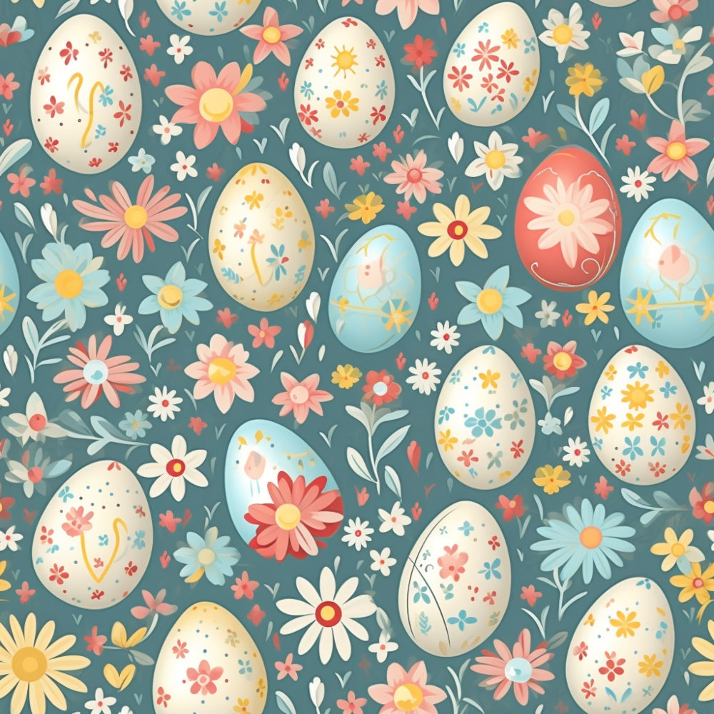 Decorative Easter eggs and colorful flowers on a blue background, featuring a mix of floral and abstract patterns.