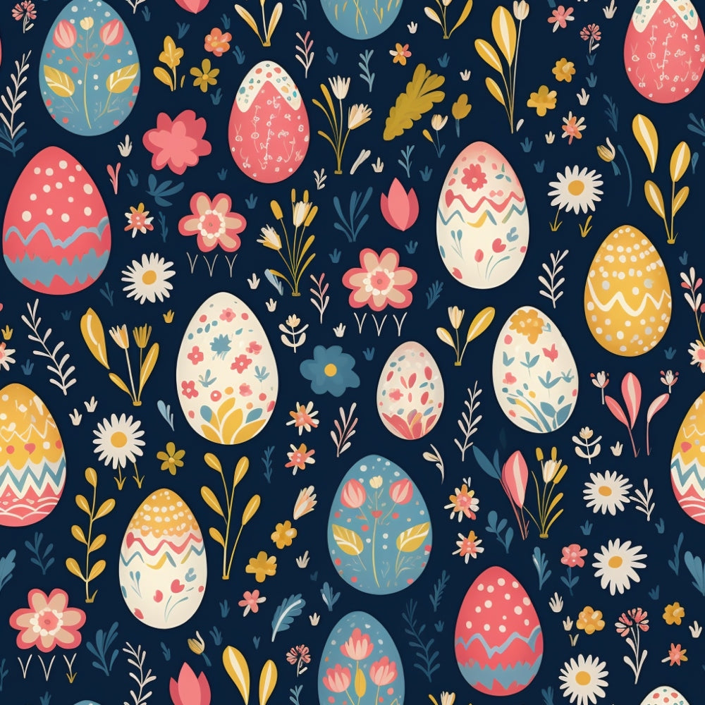 Patterned Easter eggs and various flowers on a dark blue background.