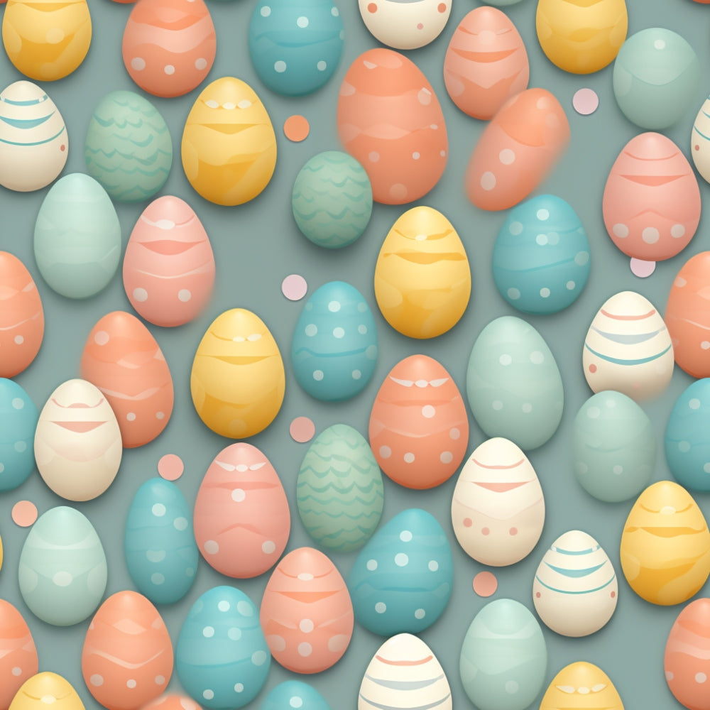 Colorful Easter eggs in shades of yellow, orange, blue, and cream with various patterns on a light gray background.