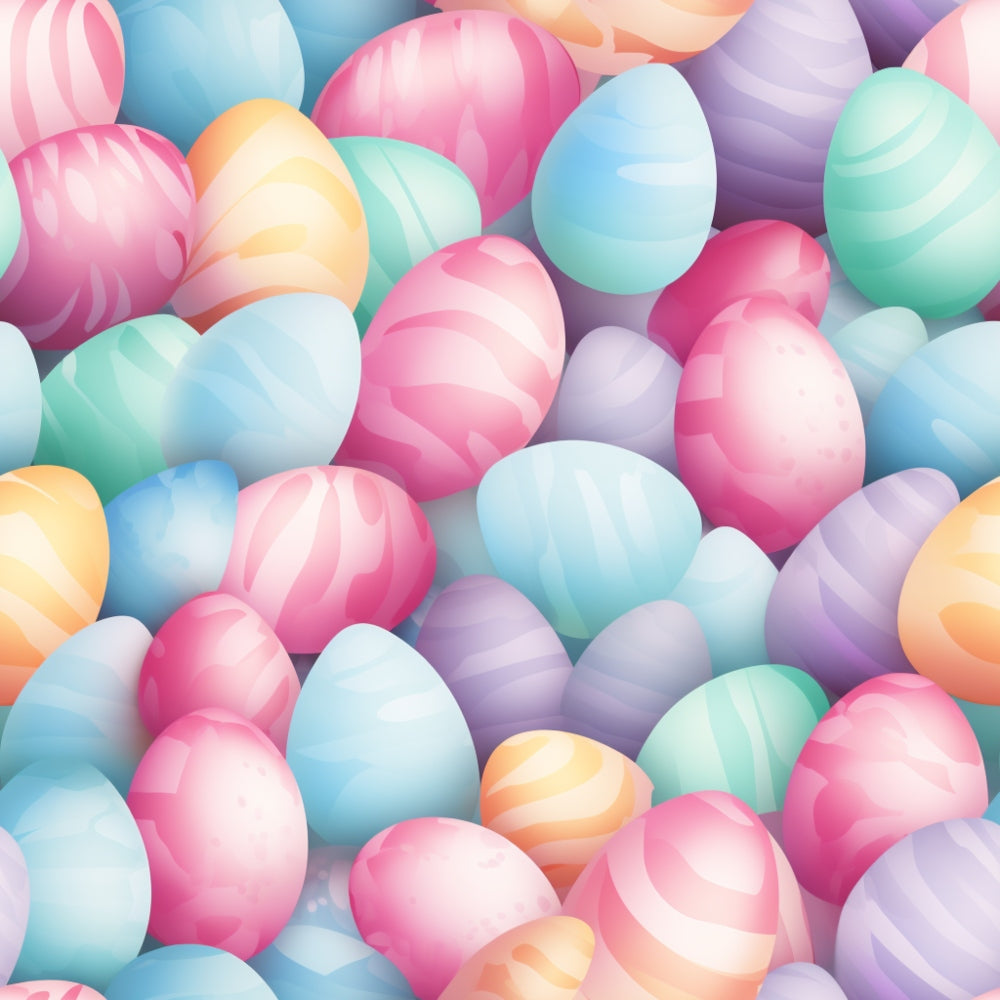 A colorful assortment of pastel Easter eggs with various patterns, including stripes and zigzags, in shades of pink, blue, yellow, green, and purple.