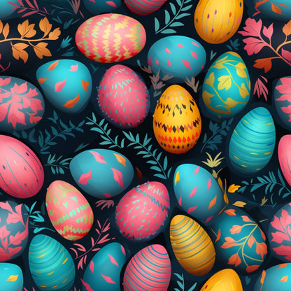 Colorful eggs with intricate patterns scattered over a dark background with various floral and leafy designs.