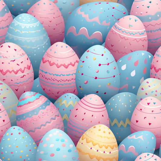 A collection of pastel-colored Easter eggs with various patterns, including stripes, zigzags, and dots, in shades of pink, blue, and yellow.