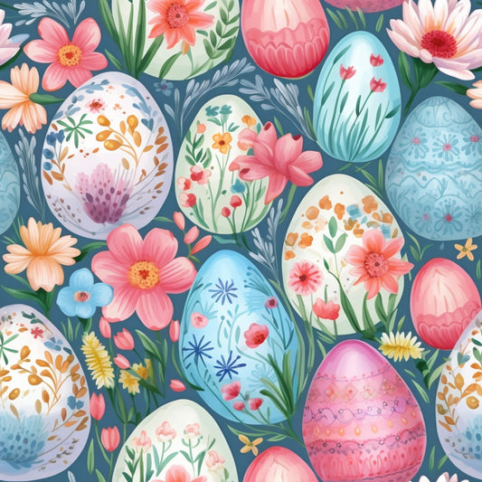 Illustrated Easter eggs and flowers with intricate floral patterns on a blue background.