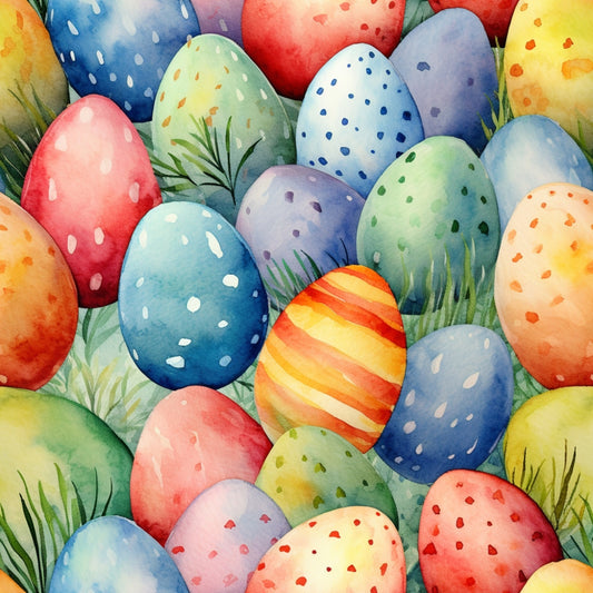 Colorful Easter eggs with varied patterns, including dots and stripes, are nestled among grass.