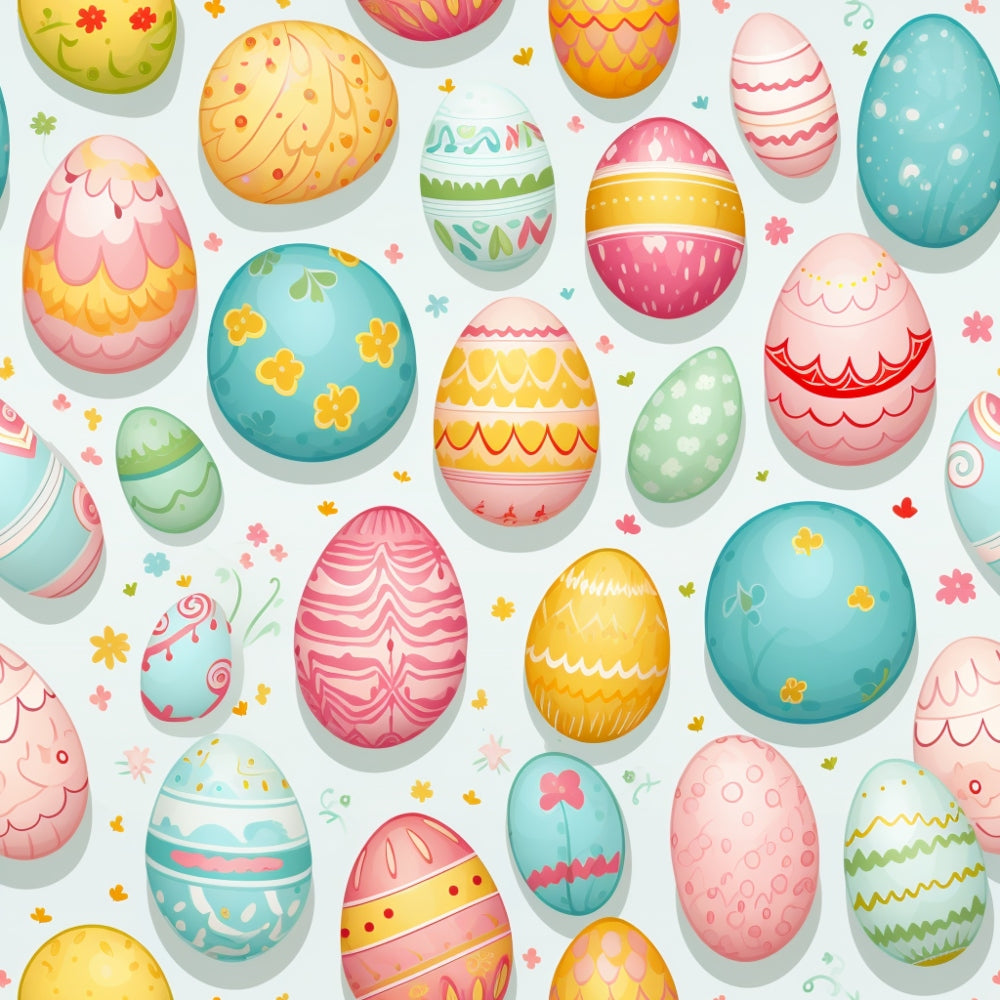 A variety of decorative Easter eggs in pastel colors with floral and geometric patterns, scattered on a light background.