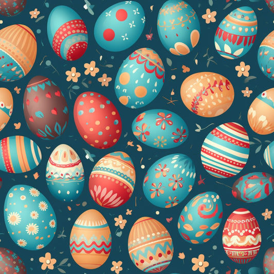 A variety of colorful, decorated Easter eggs with floral and geometric patterns set against a dark teal background with scattered small flowers.