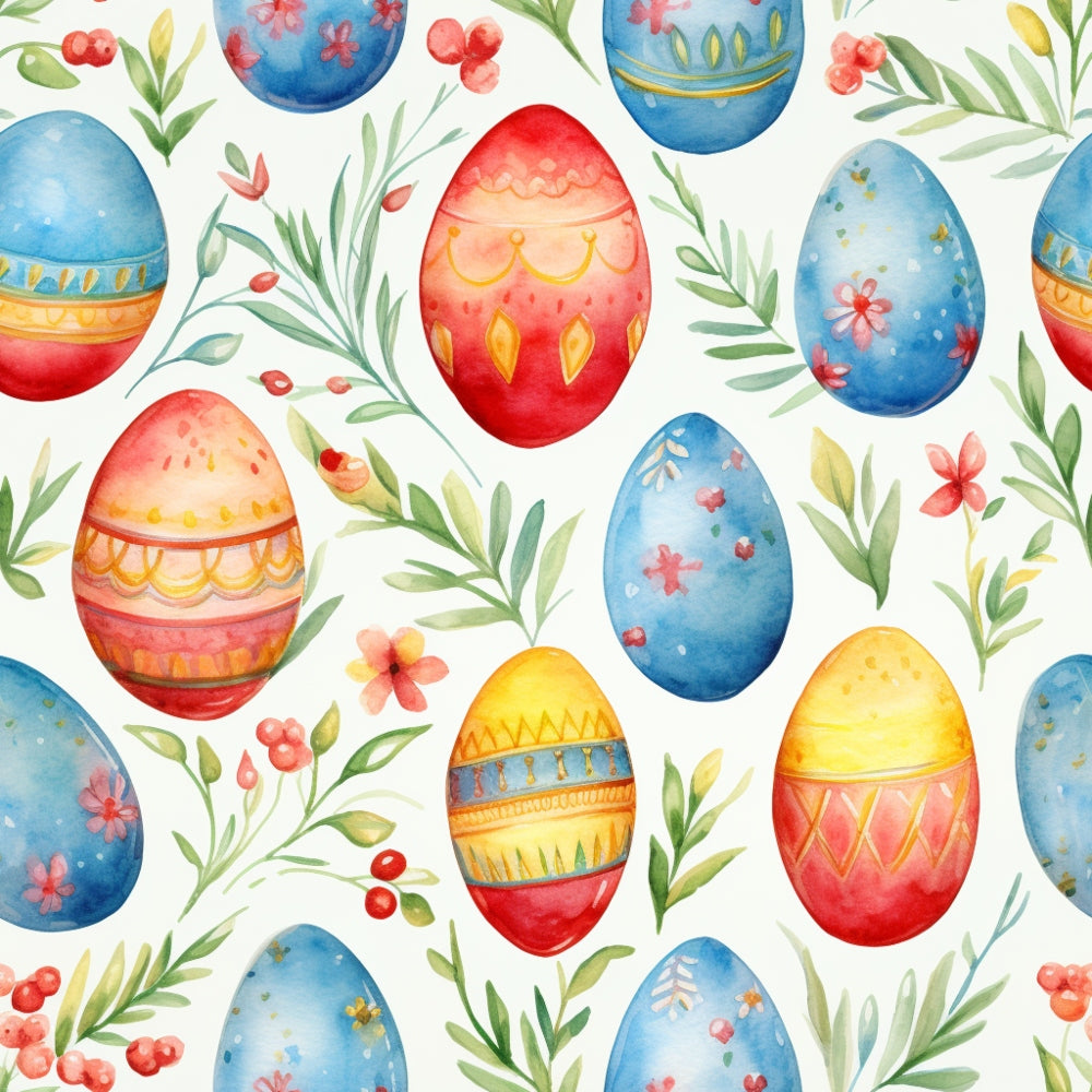 Colorful, patterned Easter eggs surrounded by leaves and small flowers on a light background.