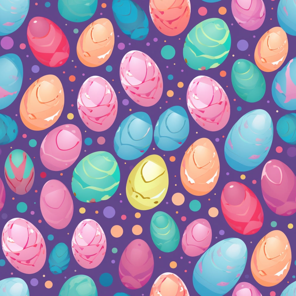 Colorful, patterned eggs and dots scattered on a dark purple background.