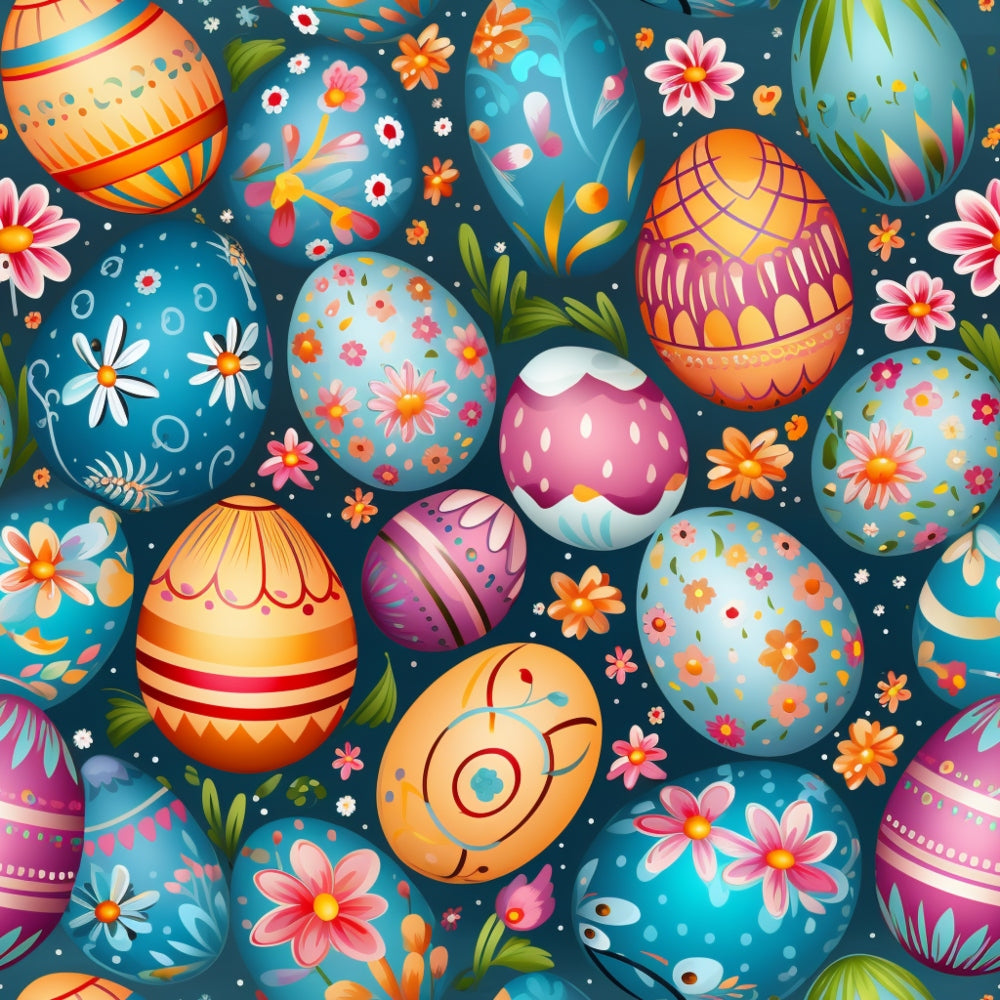 Colorful Easter eggs with floral patterns and designs scattered on a dark background with flowers and leaves.