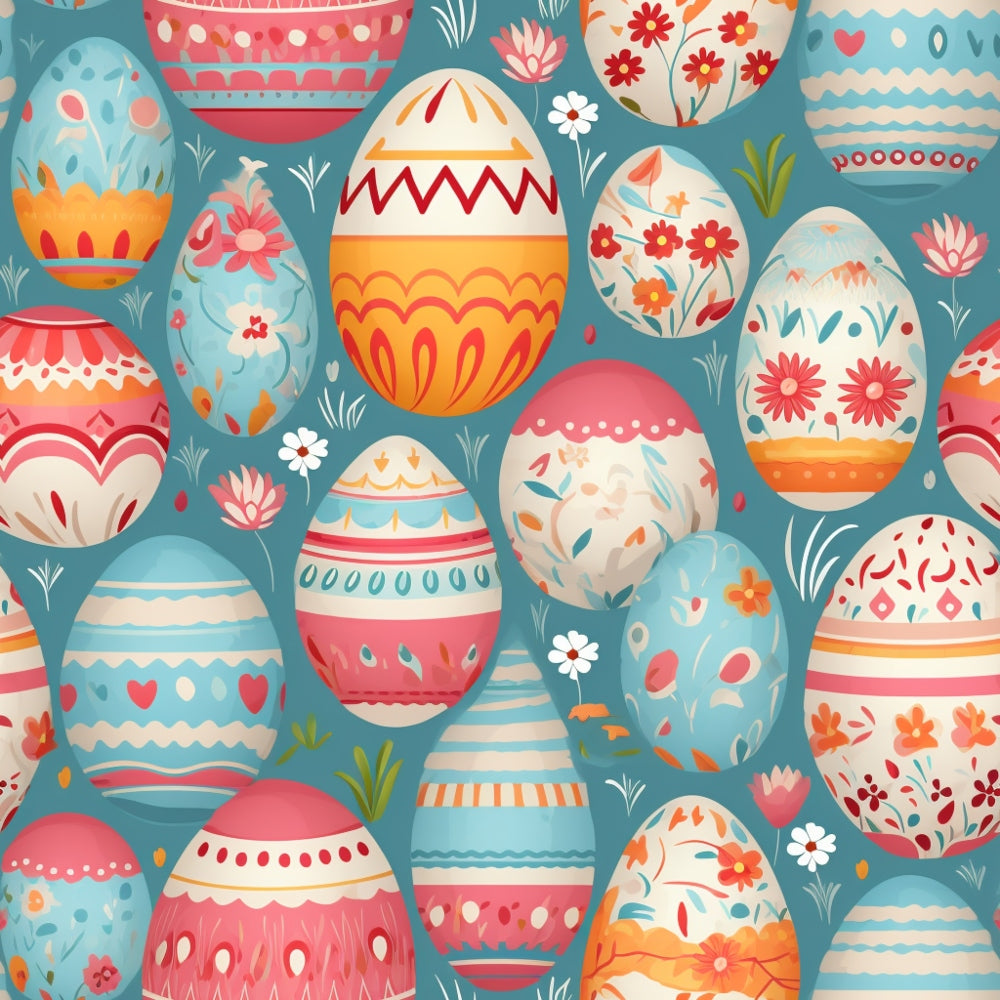 Colorful decorated Easter eggs with floral and striped patterns on a teal background.