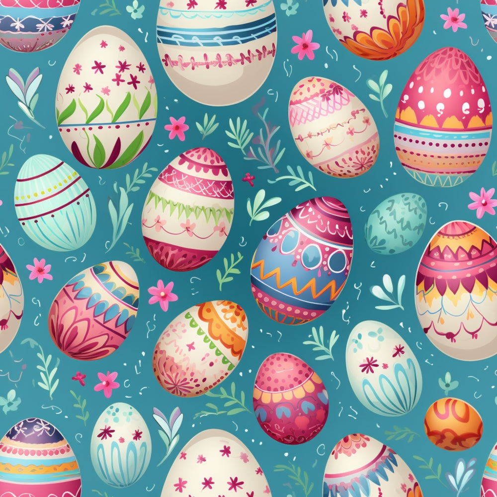 Colorful, intricately decorated Easter eggs with floral and geometric patterns on a blue background, surrounded by small flowers and leaves.