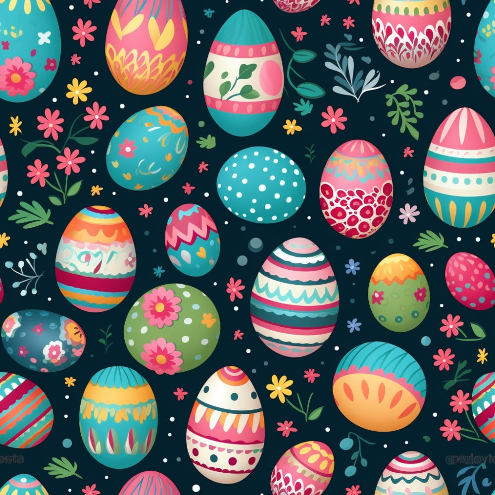 Colorful decorated eggs and flowers on a dark background.