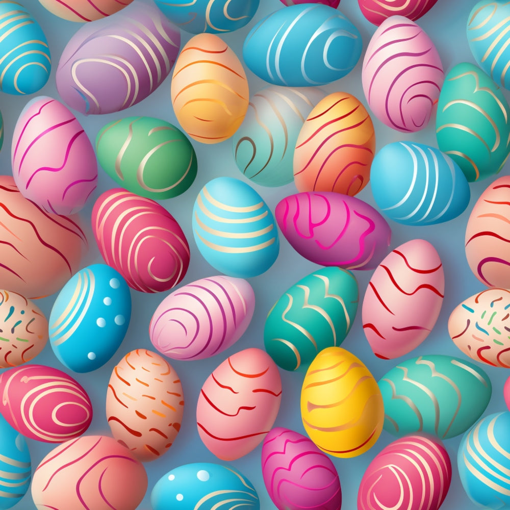 Colorful Easter eggs with various patterns, including stripes and swirls, are scattered against a light blue background.