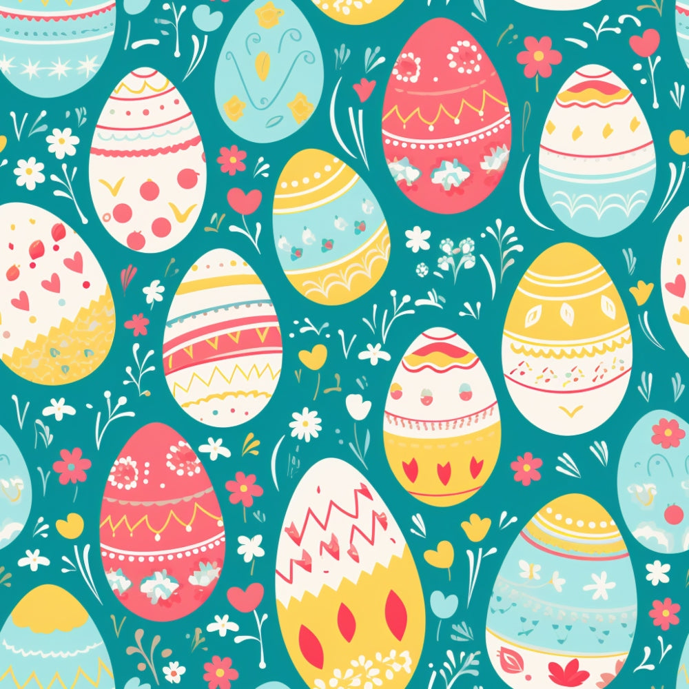 Colorful Easter eggs with decorative patterns and floral elements on a teal background.