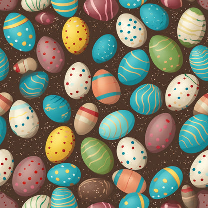 An assortment of colorful, decorated Easter eggs with various patterns on a dark brown background.