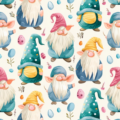 Pattern featuring gnomes with colorful hats and beards surrounded by eggs and twigs on a light background.