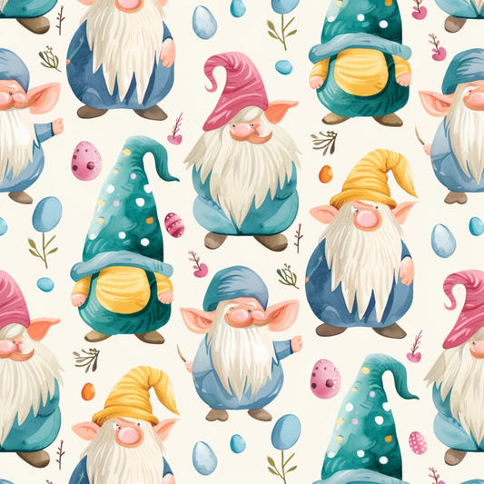 Pattern featuring gnomes with colorful hats and beards surrounded by eggs and twigs on a light background.