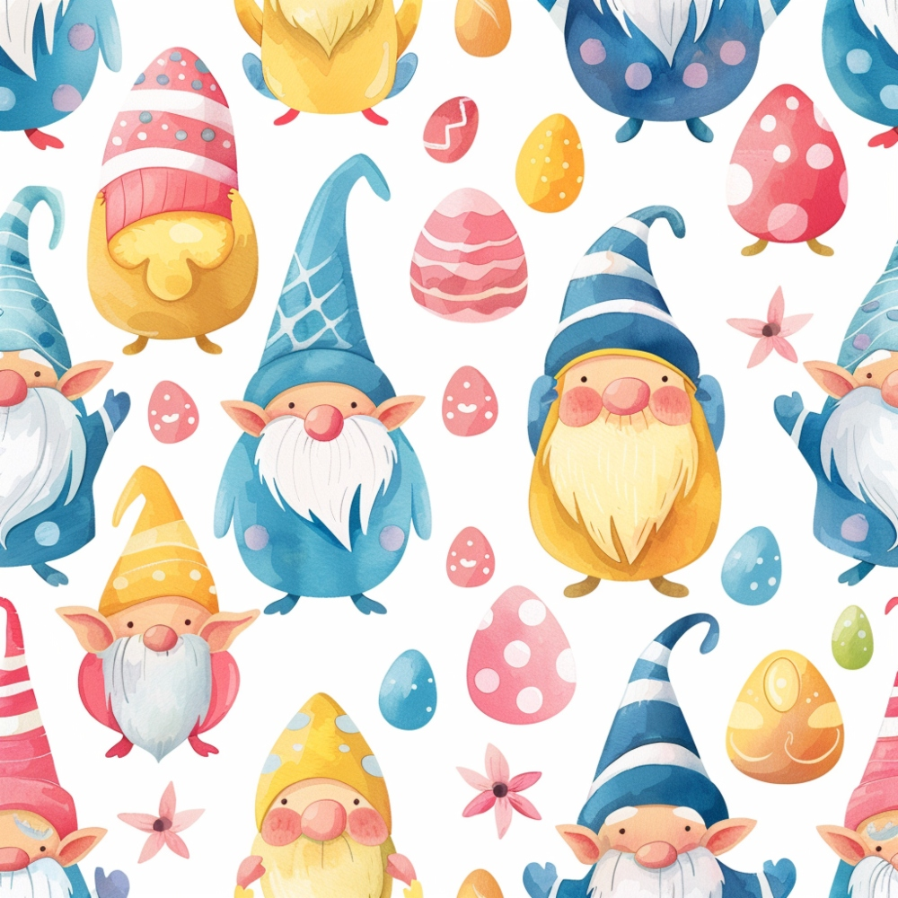 Pattern of colorful gnomes, Easter eggs, and flowers on a white background. The gnomes wear hats in blue, yellow, and pink hues.