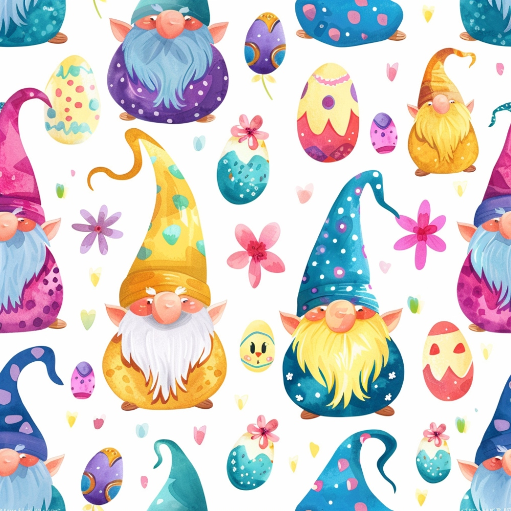 Colorful pattern of gnomes wearing pointed hats, surrounded by decorated eggs, flowers, and dots on a white background.