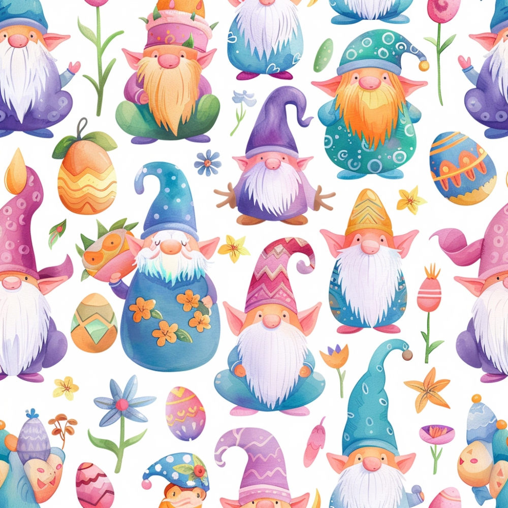 Pattern of colorful gnomes wearing hats, surrounded by decorated eggs and flowers on a white background.