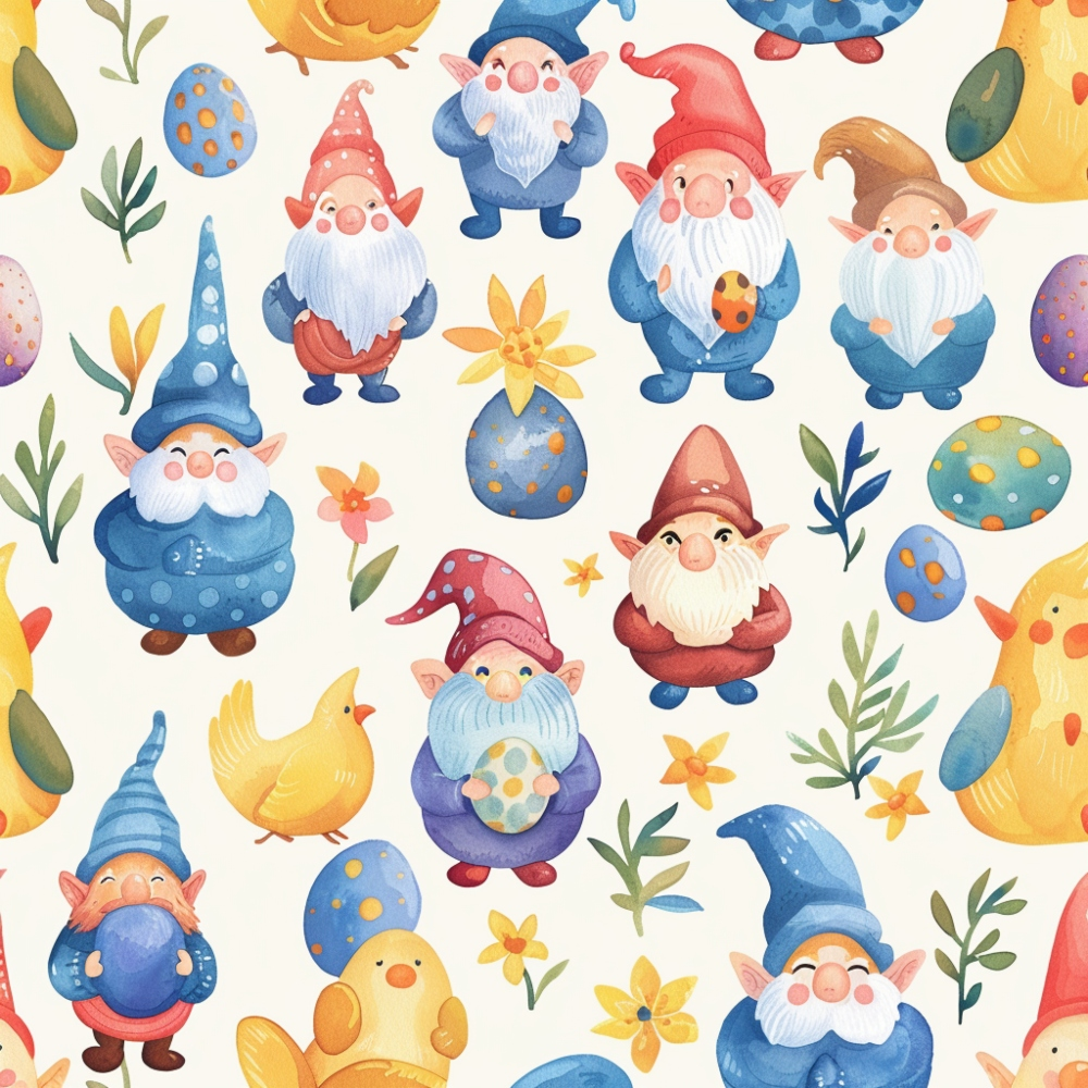 Pattern of colorful gnomes with beards, Easter eggs, chicks, and flowers on a light background.