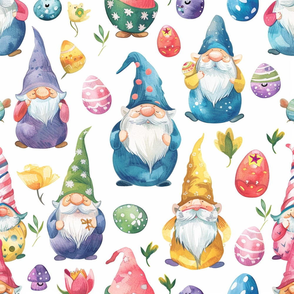 Pattern of colorful gnomes with beards and hats, surrounded by decorated eggs and flowers.