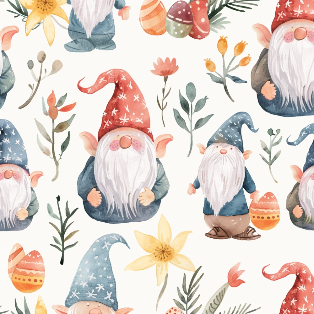 Pattern of gnomes with beards wearing pointy hats, surrounded by decorative flowers and painted eggs on a light background.