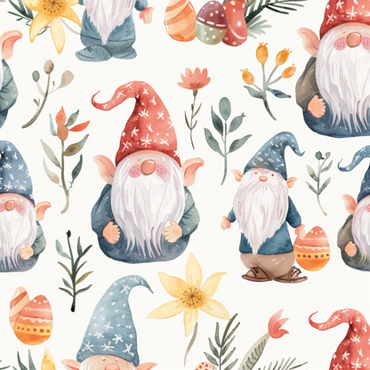 Pattern of gnomes with beards wearing pointy hats, surrounded by decorative flowers and painted eggs on a light background.