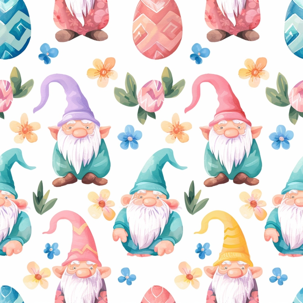 Pattern of colorful gnomes, decorated eggs, and flowers on a white background.