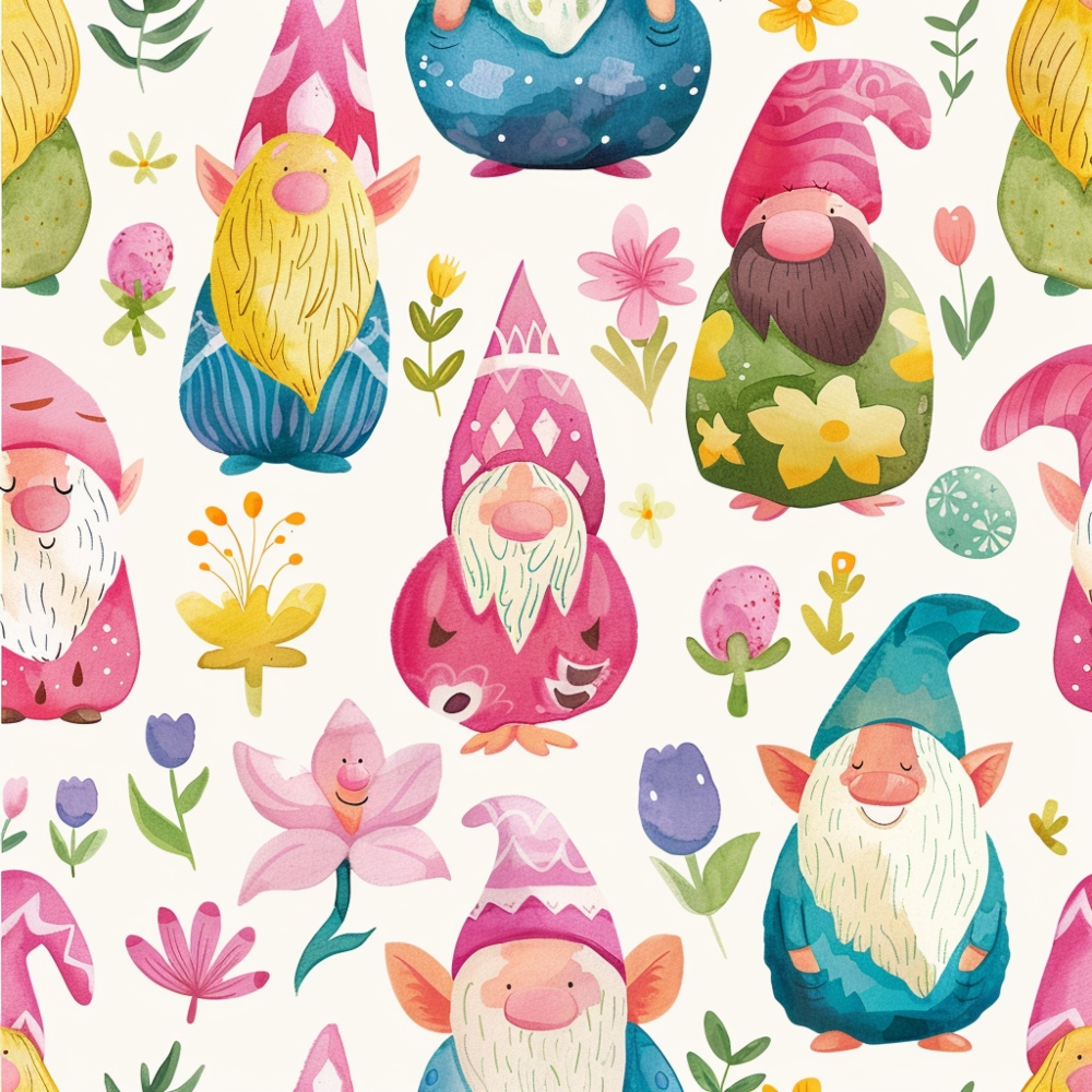 Colorful pattern featuring cartoon gnomes with beards and hats among flowers and leaves on a white background.