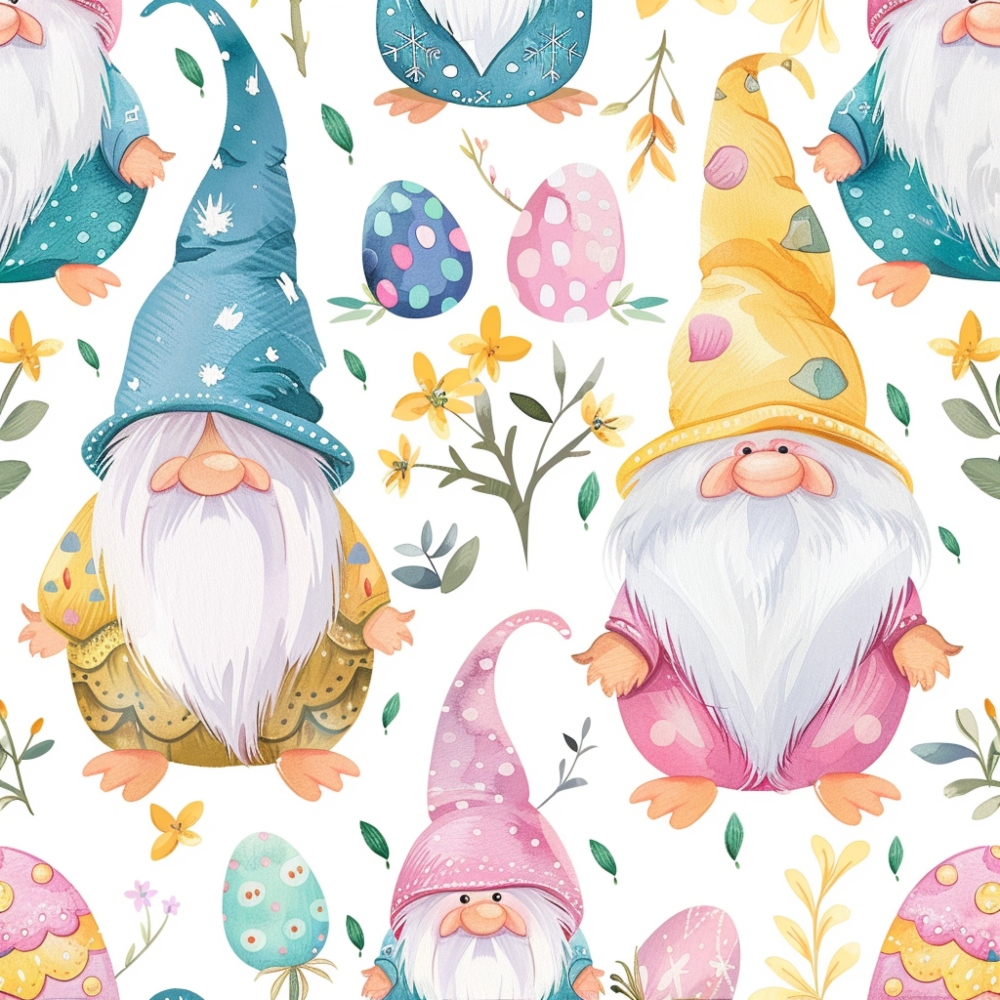 Illustrated gnomes wearing colorful hats and clothes sit among decorated Easter eggs and yellow flowers on a white background.