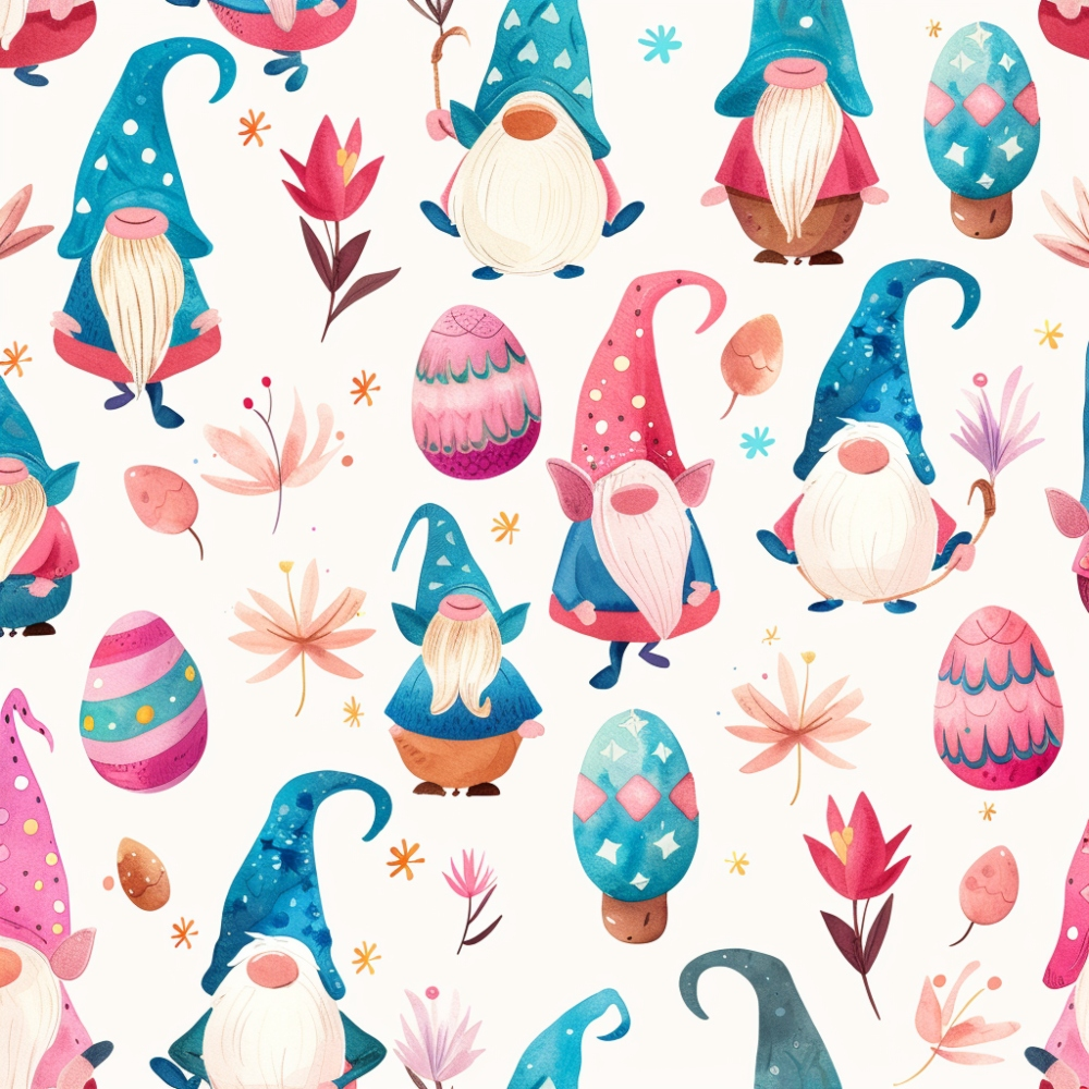 Pattern with gnomes in blue and pink hats, decorated eggs, and flowers on a white background.