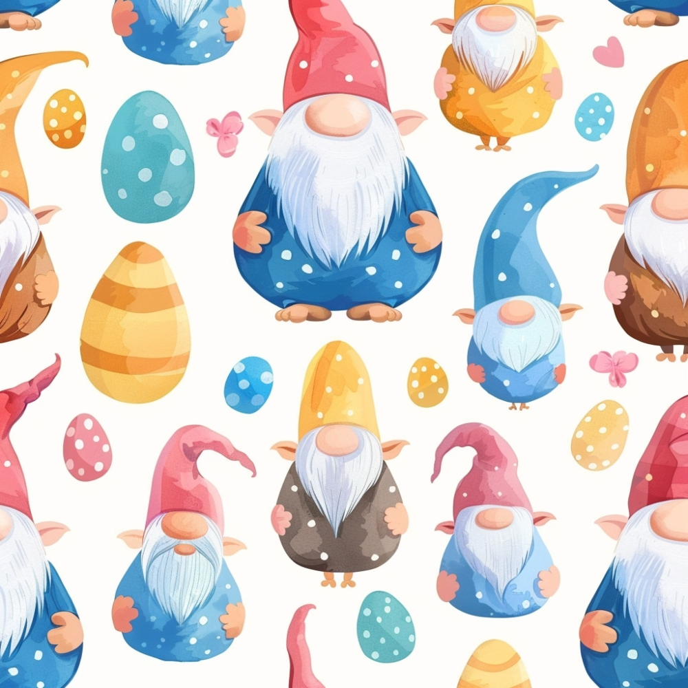 Pattern of colorful gnomes with long beards and pointy hats, surrounded by decorated eggs and butterflies on a white background.