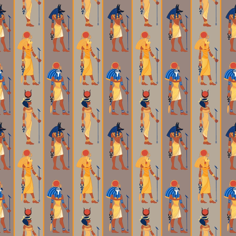 Pattern featuring Egyptian deities with animal heads, holding staffs. The figures are repeated in vertical lines against a beige background.