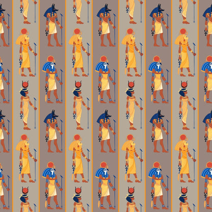 Pattern featuring Egyptian deities with animal heads, holding staffs. The figures are repeated in vertical lines against a beige background.