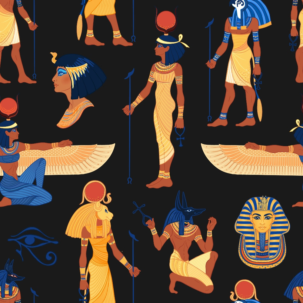 Pattern of Egyptian deities and symbols on a dark background, featuring gods, goddesses, and iconic imagery like the Eye of Horus and a pharaohs mask.