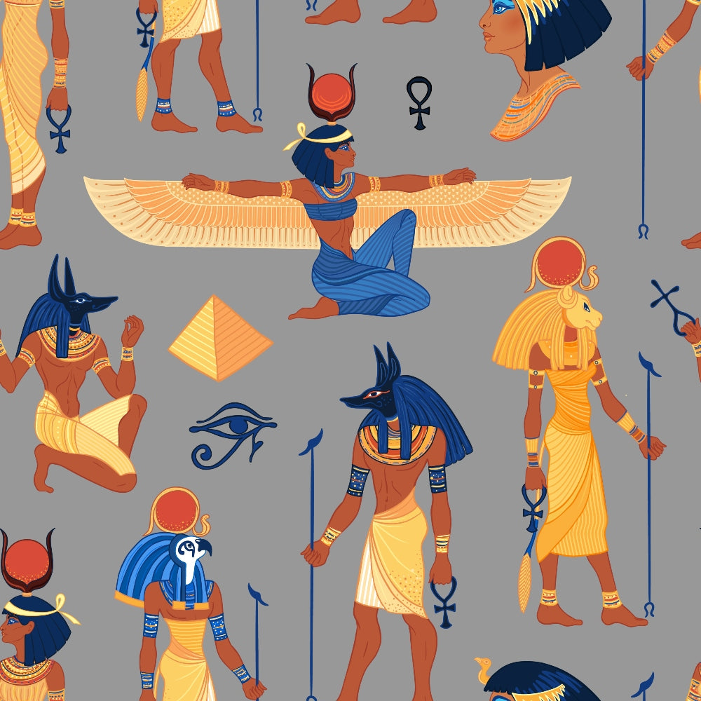 Illustration of Egyptian deities, including figures with animal heads and traditional artifacts, all against a gray background.