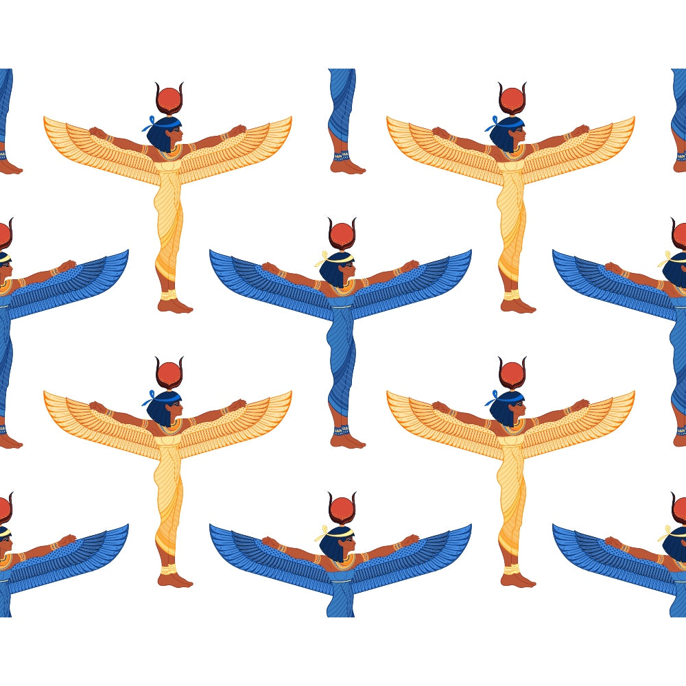 Pattern of Egyptian winged deities with red headpieces and blue headdresses, alternating in yellow and blue attire on a white background.