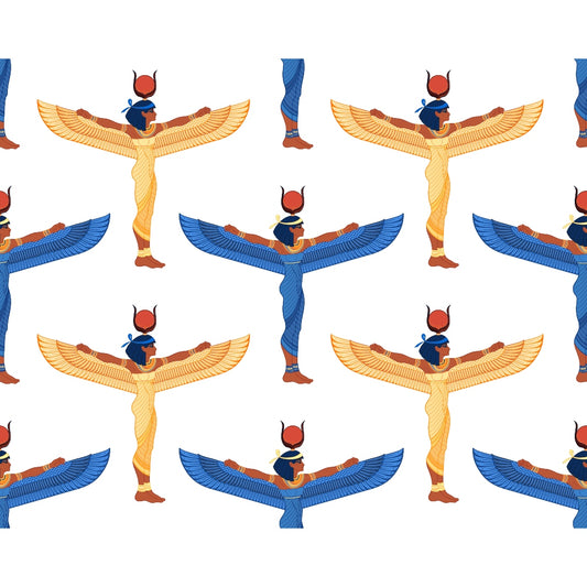 Pattern of Egyptian winged deities with red headpieces and blue headdresses, alternating in yellow and blue attire on a white background.