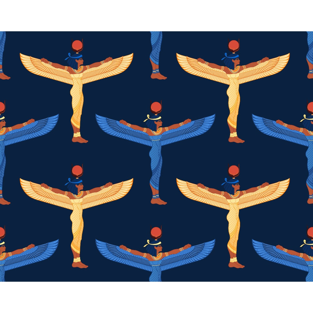 Pattern of winged Egyptian deities in blue and gold on a dark background, with red solar disks on their heads.