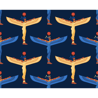 Pattern of winged Egyptian deities in blue and gold on a dark background, with red solar disks on their heads.