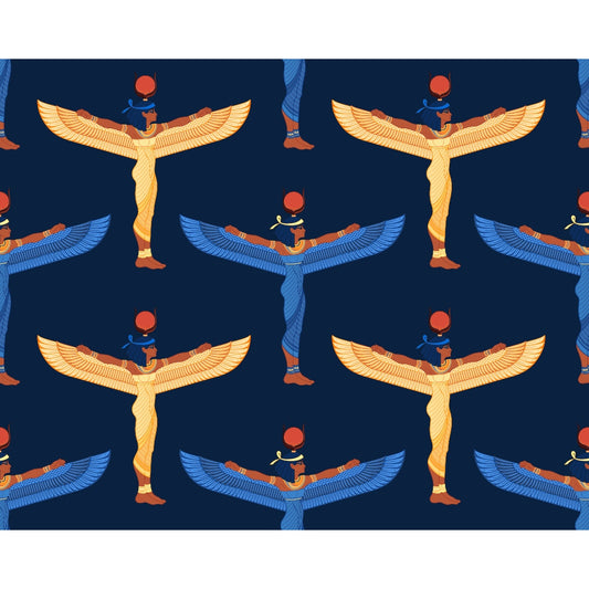 Pattern of winged Egyptian deities in blue and gold on a dark background, with red solar disks on their heads.